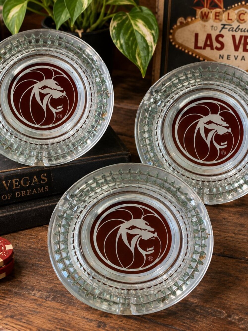 Set of 3 Vintage MGM Grand Las Vegas Glass Ashtrays Red Lion Logo Casino